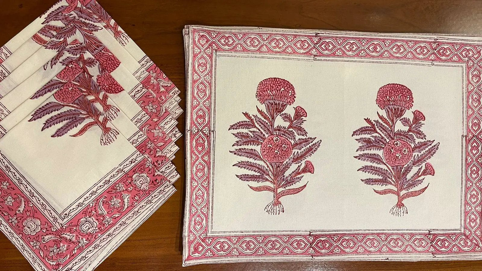 Vintage Magenta & Cream Table Linen Set – 13 Piece | Hand Block Printed Cotton | Runner, Placemats & Napkins by House Of Avana