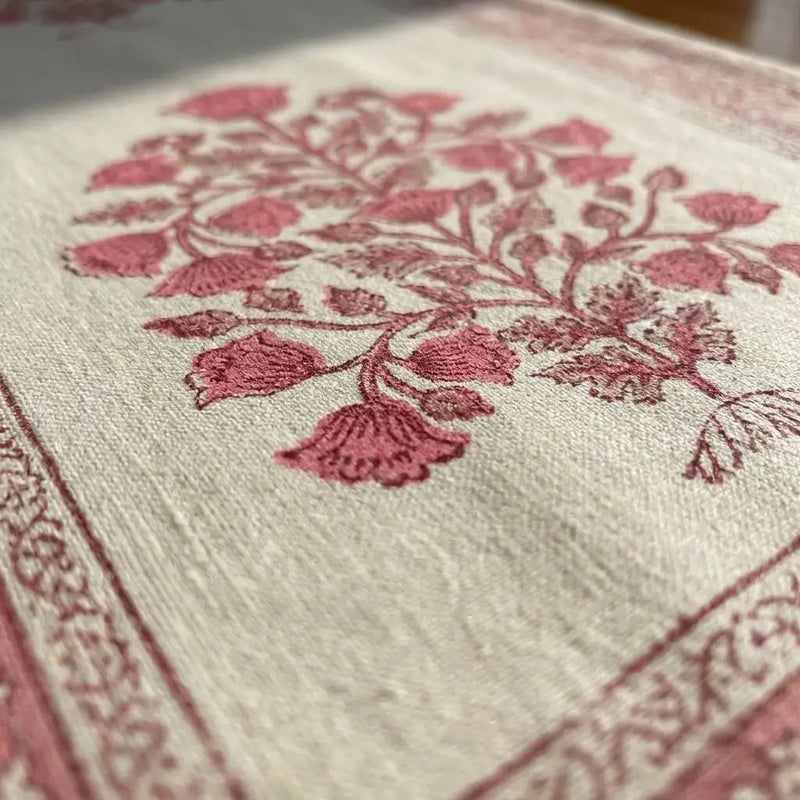 Vintage Magenta & Natural Linen Table Linen Set – 13 Piece | Hand Block Printed Cotton | Runner, Placemats & Napkins by House Of Avana