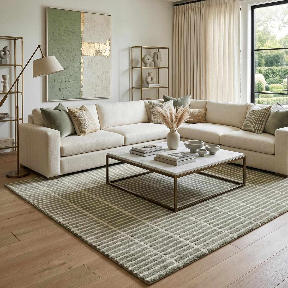Finial Olive Wool Area Rug, installed in a room 2