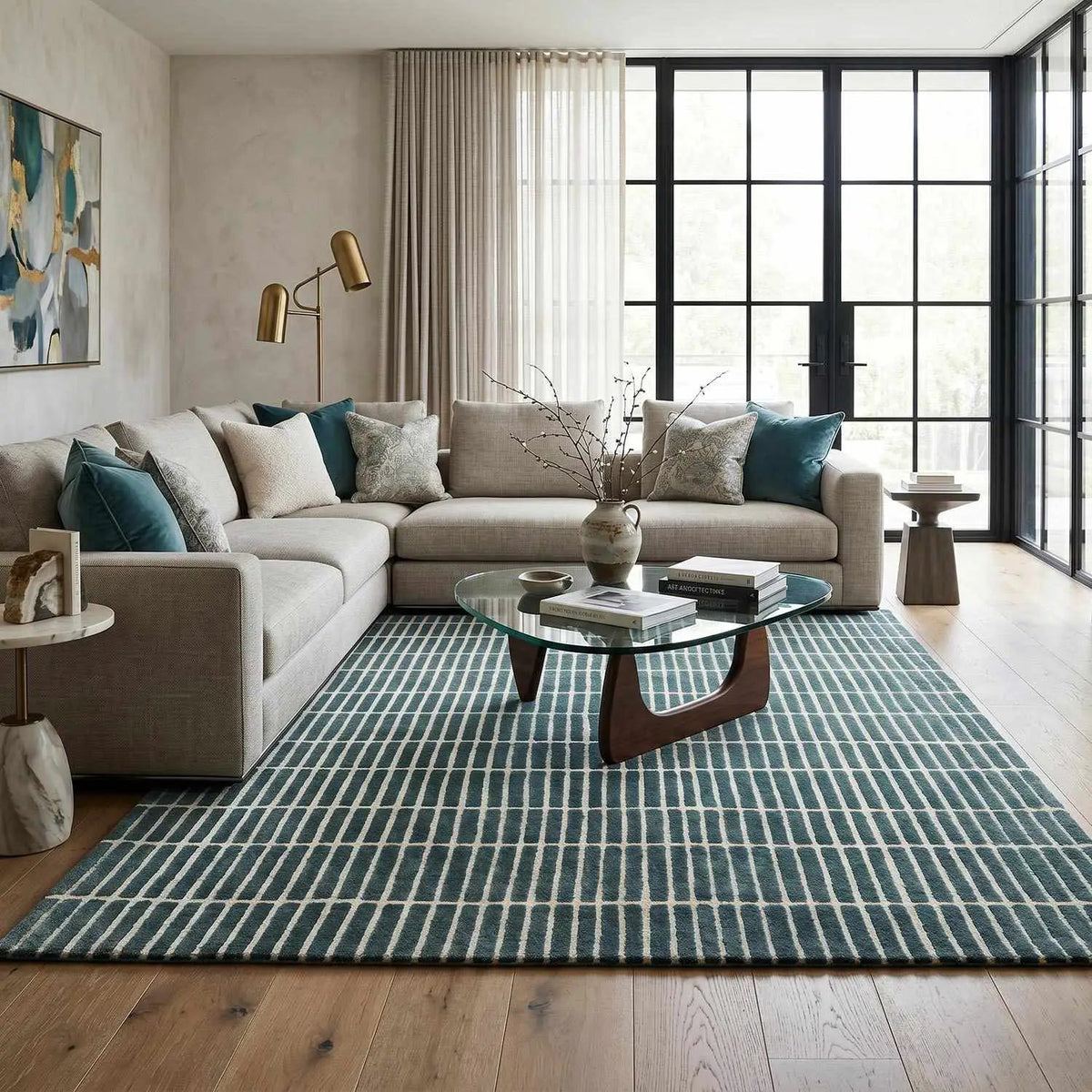Finial Blue Wool Area Rug, installed in a room