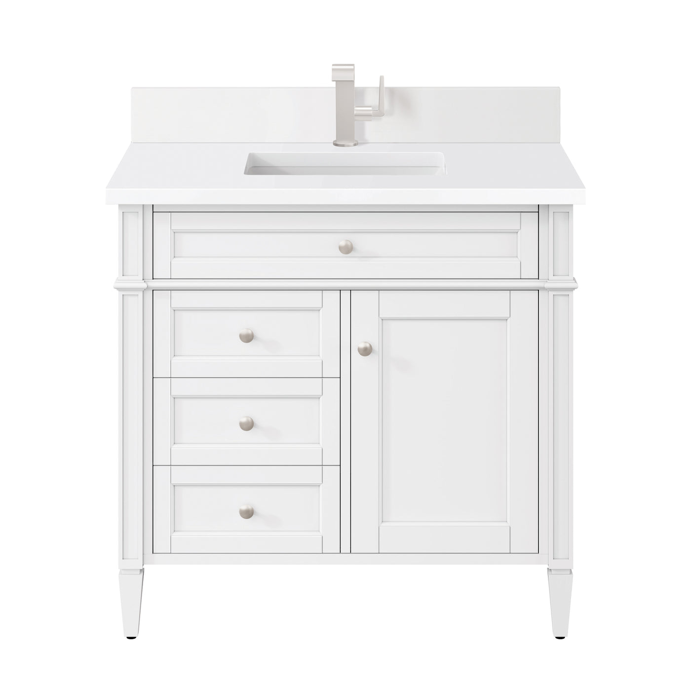 James Martin Brittany 36" Single Bathroom Vanity, Bright White with White Zeus (Single Hole, with Backsplash) countertop