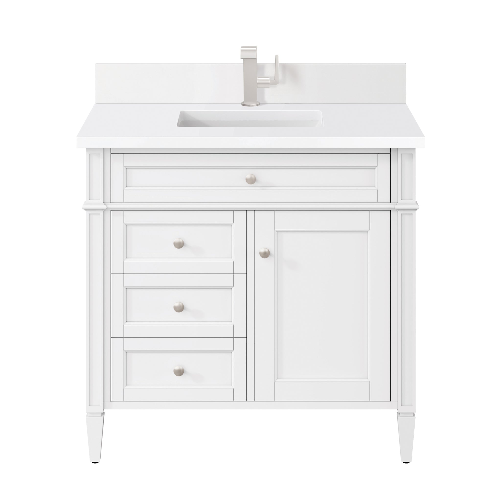 James Martin Brittany 36" Single Bathroom Vanity, Bright White with White Zeus (Single Hole, with Backsplash) countertop