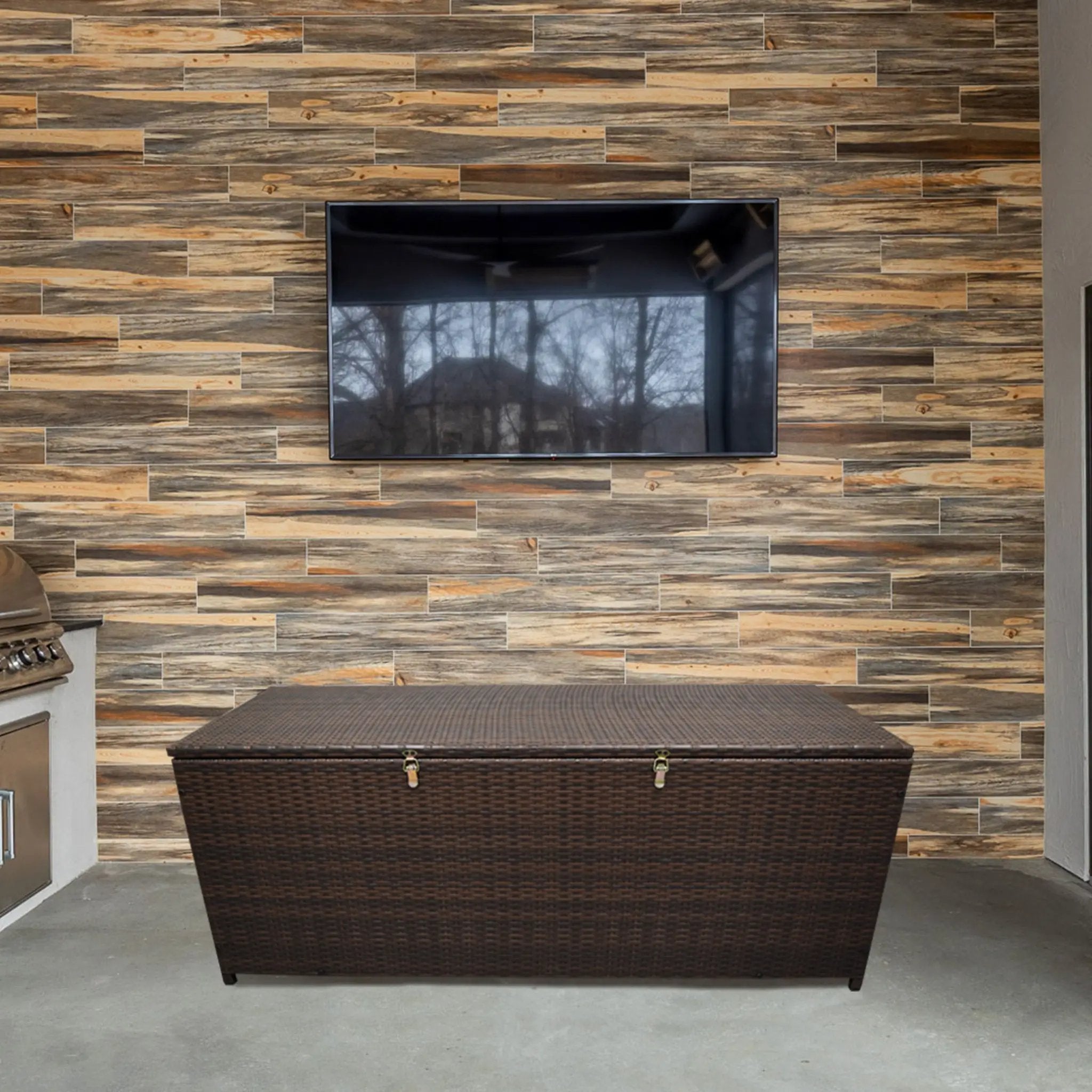 Brown Wicker Patio Deck Box with 113 Gallon Storage and Metal Frame by Sharicks
