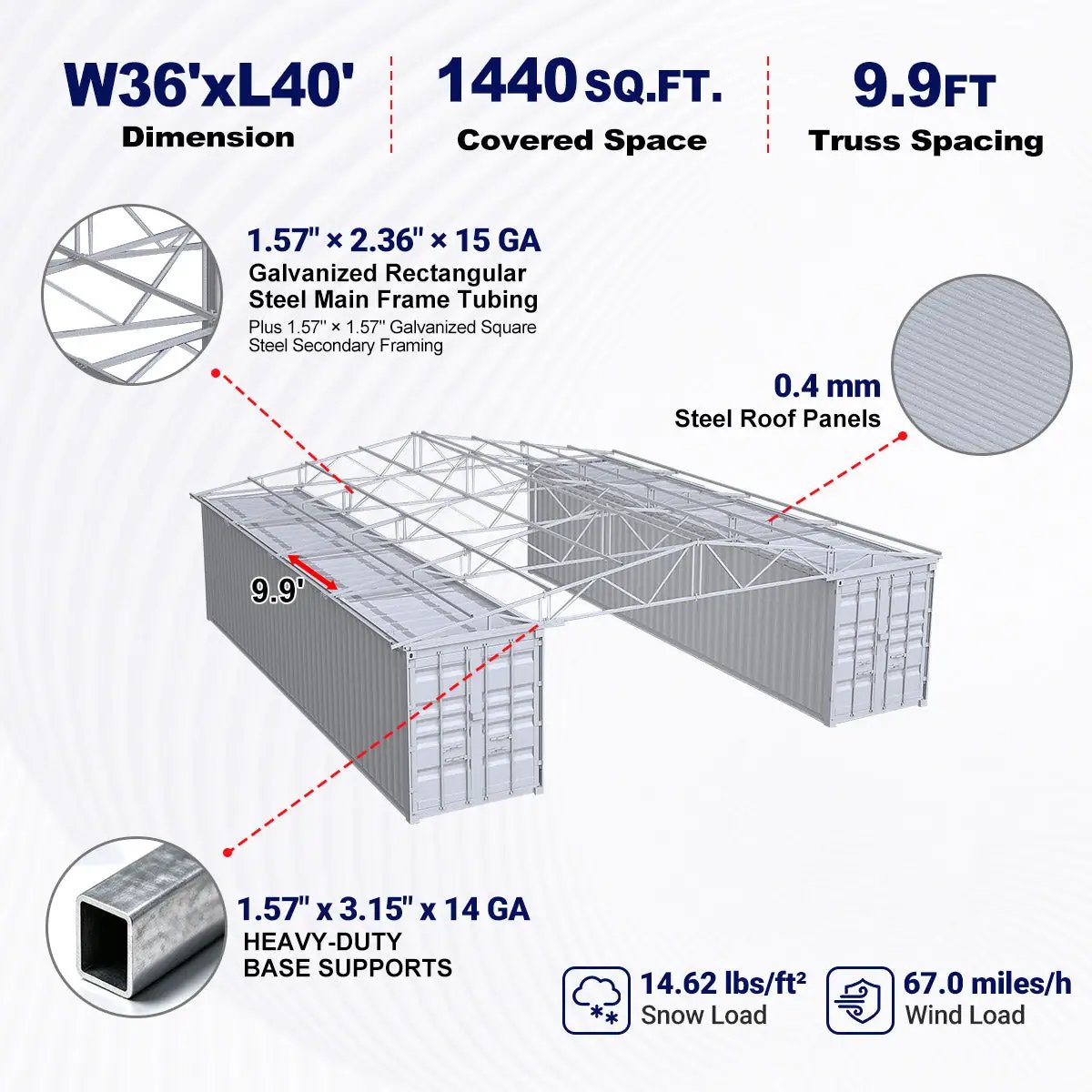 W36'xL40'xH4' Steel Shipping Container Roof Kit by Chery Industrial