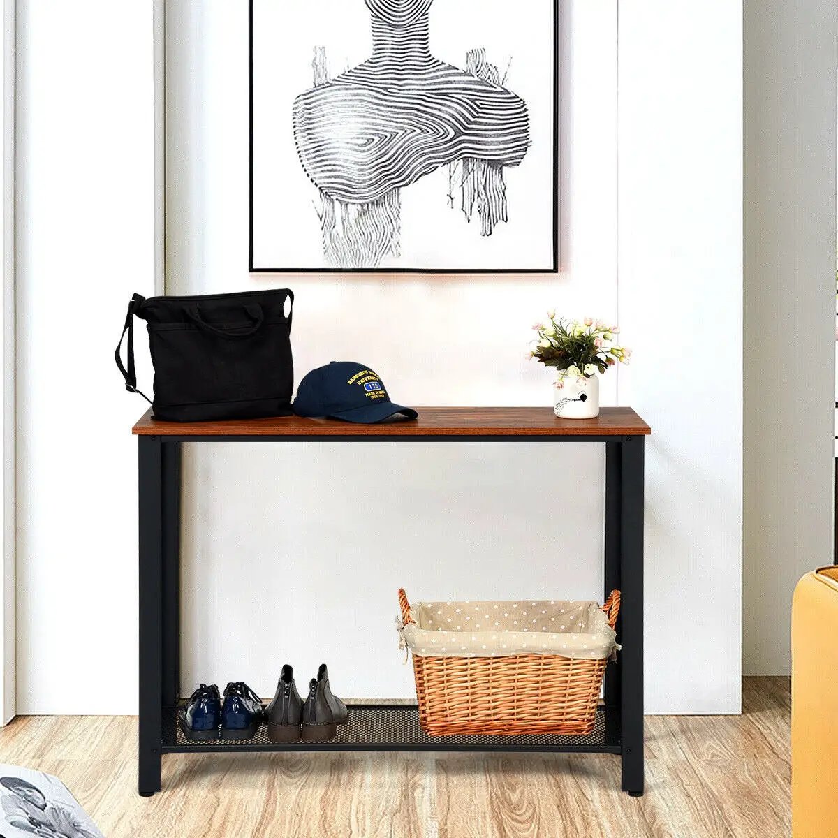 Metal Frame Wood Console Sofa Table with Storage Shelf