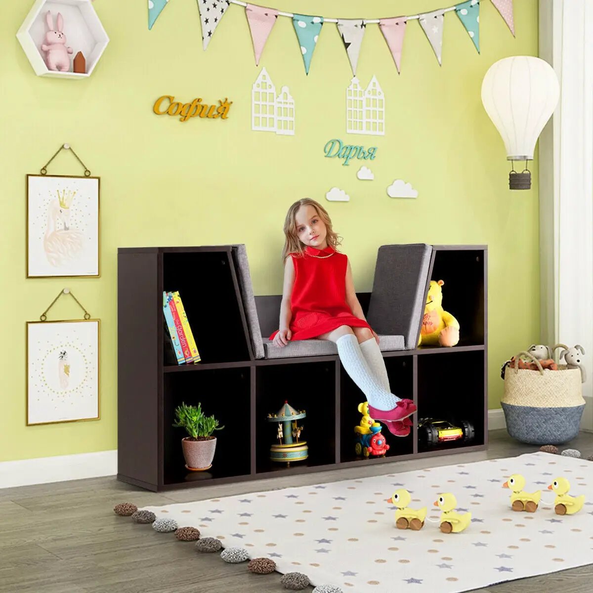 6-Cubby Kid Storage Bookcase Cushioned Reading Nook by DirectDeals