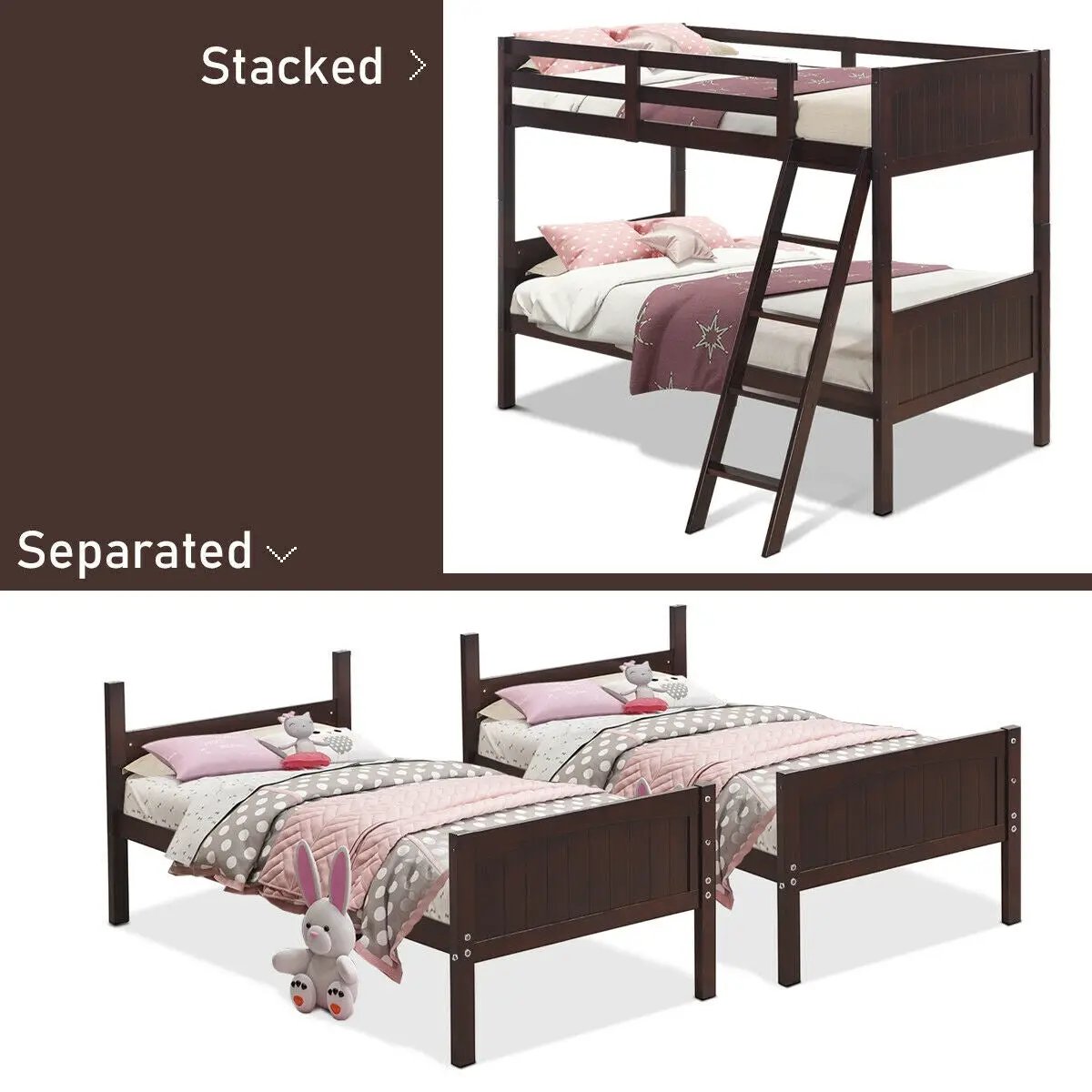 Twin Size Wooden Bunk Beds Convertible 2 Individual Beds, photo 6 of 9