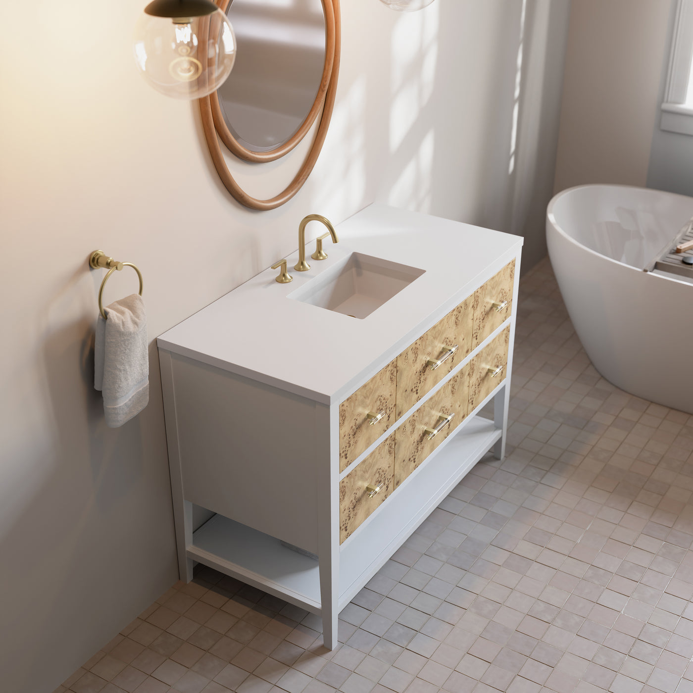 James Martin Olena 48" Single Bathroom Vanity, Polished White and Light Mappa Burl, view 19