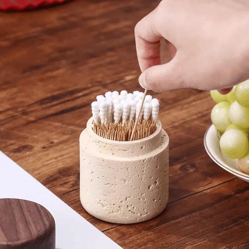 Wabi-Sabi Style Resin Toothpick and Swab Holder with Wooden Lid – Natural Look, Rustic Design, Perfect for Home Decor in Living Room, Dining Room, or Hotel – Ideal Gift for Christmas, Valentine'S Day, or Father'S Day, Too by House Of Avana