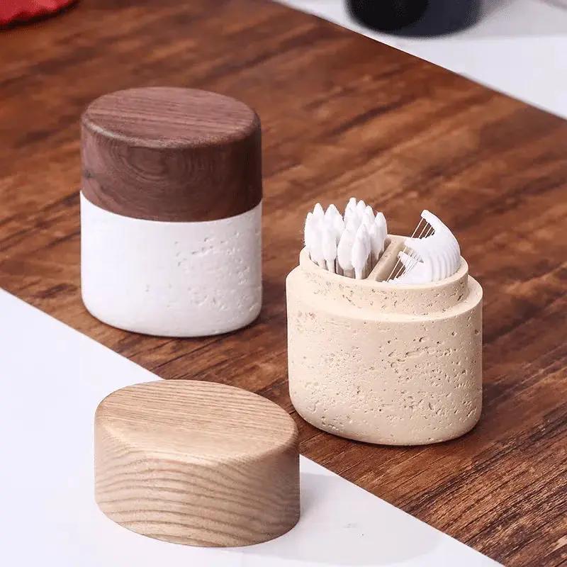 Wabi-Sabi Style Resin Toothpick and Swab Holder with Wooden Lid – Natural Look, Rustic Design, Perfect for Home Decor in Living Room, Dining Room, or Hotel – Ideal Gift for Christmas, Valentine'S Day, or Father'S Day, Too by House Of Avana