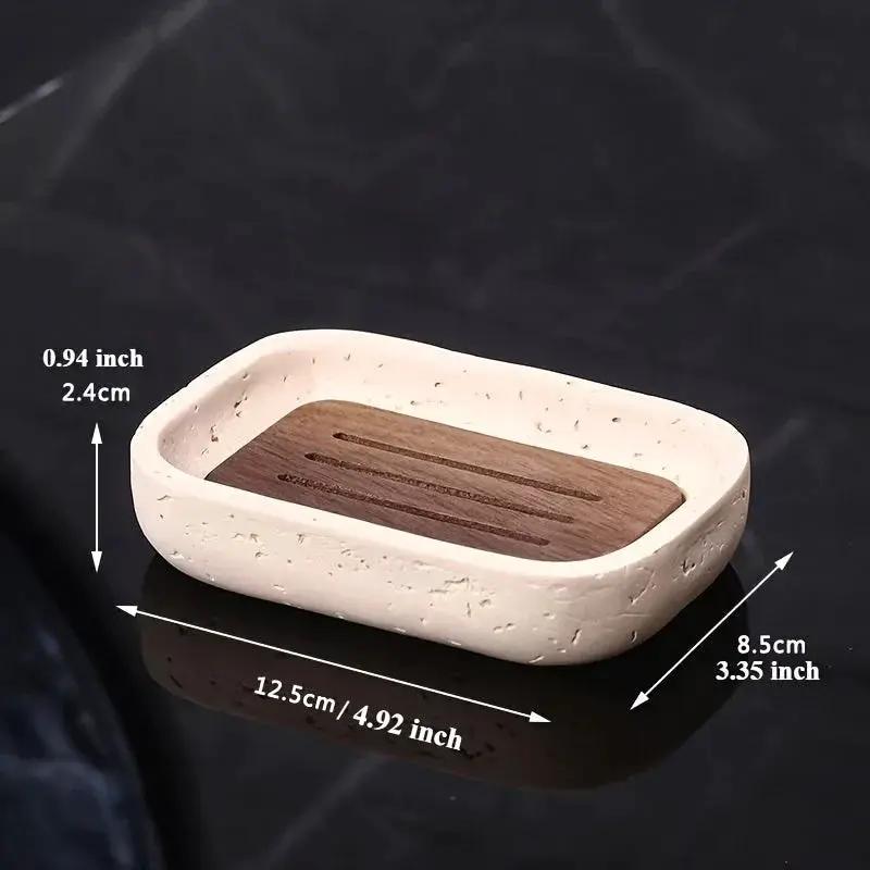 Wabi - sabi style sand - stone resin soap dish. The off - white sand - stone textured dish body is paired with a partition polished from imported North American walnut, presenting a simple and natural look. Sized approximatel by House Of Avana