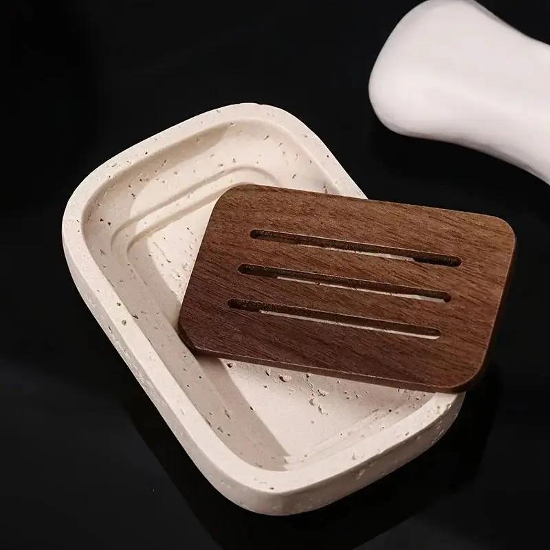 Wabi - sabi style sand - stone resin soap dish. The off - white sand - stone textured dish body is paired with a partition polished from imported North American walnut, presenting a simple and natural look. Sized approximatel by House Of Avana