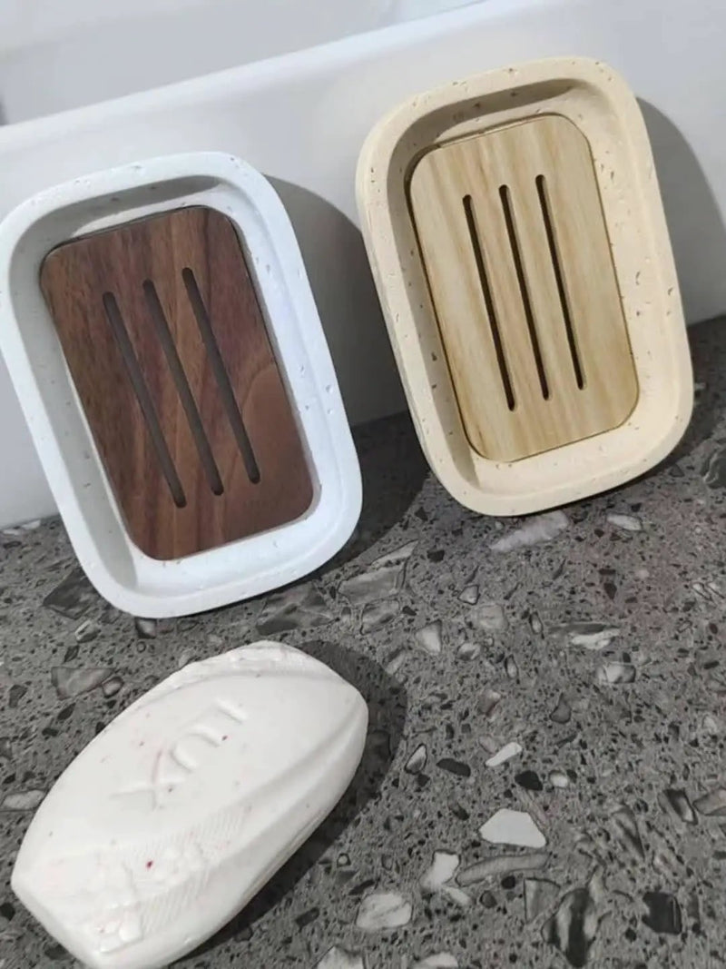 Wabi - sabi style sand - stone resin soap dish. The off - white sand - stone textured dish body is paired with a partition polished from imported North American walnut, presenting a simple and natural look. Sized approximatel by House Of Avana
