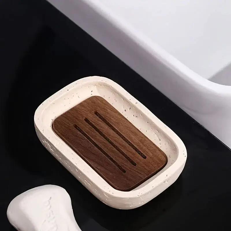 Wabi - sabi style sand - stone resin soap dish. The off - white sand - stone textured dish body is paired with a partition polished from imported North American walnut, presenting a simple and natural look. Sized approximatel by House Of Avana