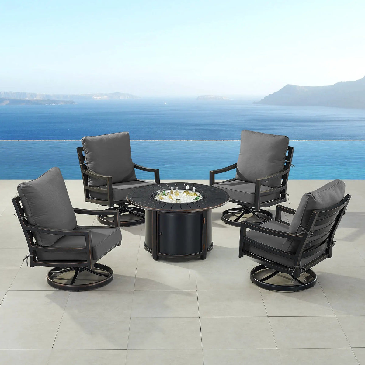 Black Aluminum Fire Table Set with Four Club Chairs by Sharicks