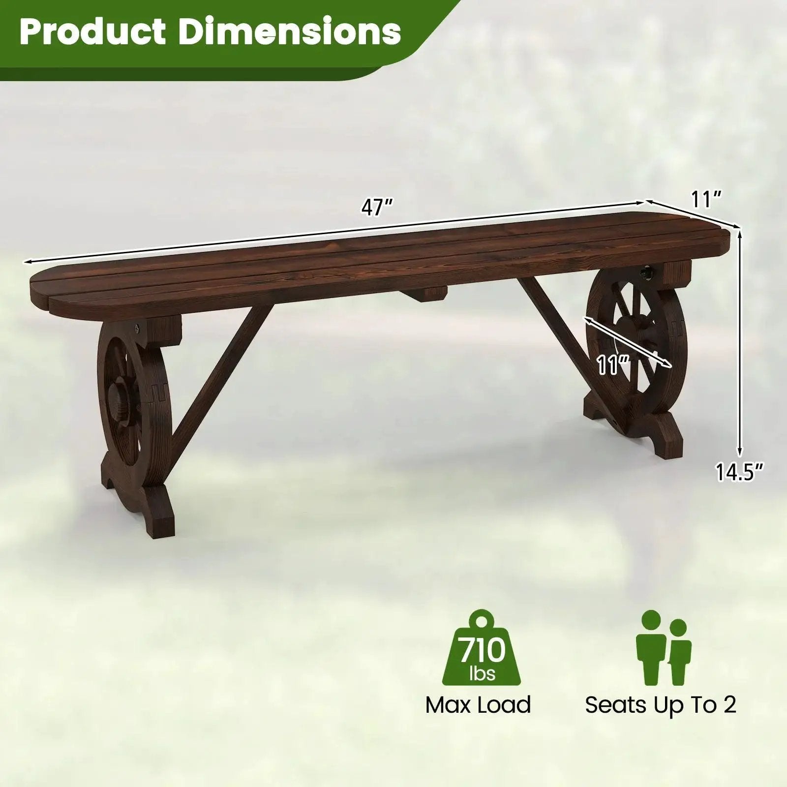 Carbonized Fir Wood Wagon Wheel Garden Bench by House Of Avana