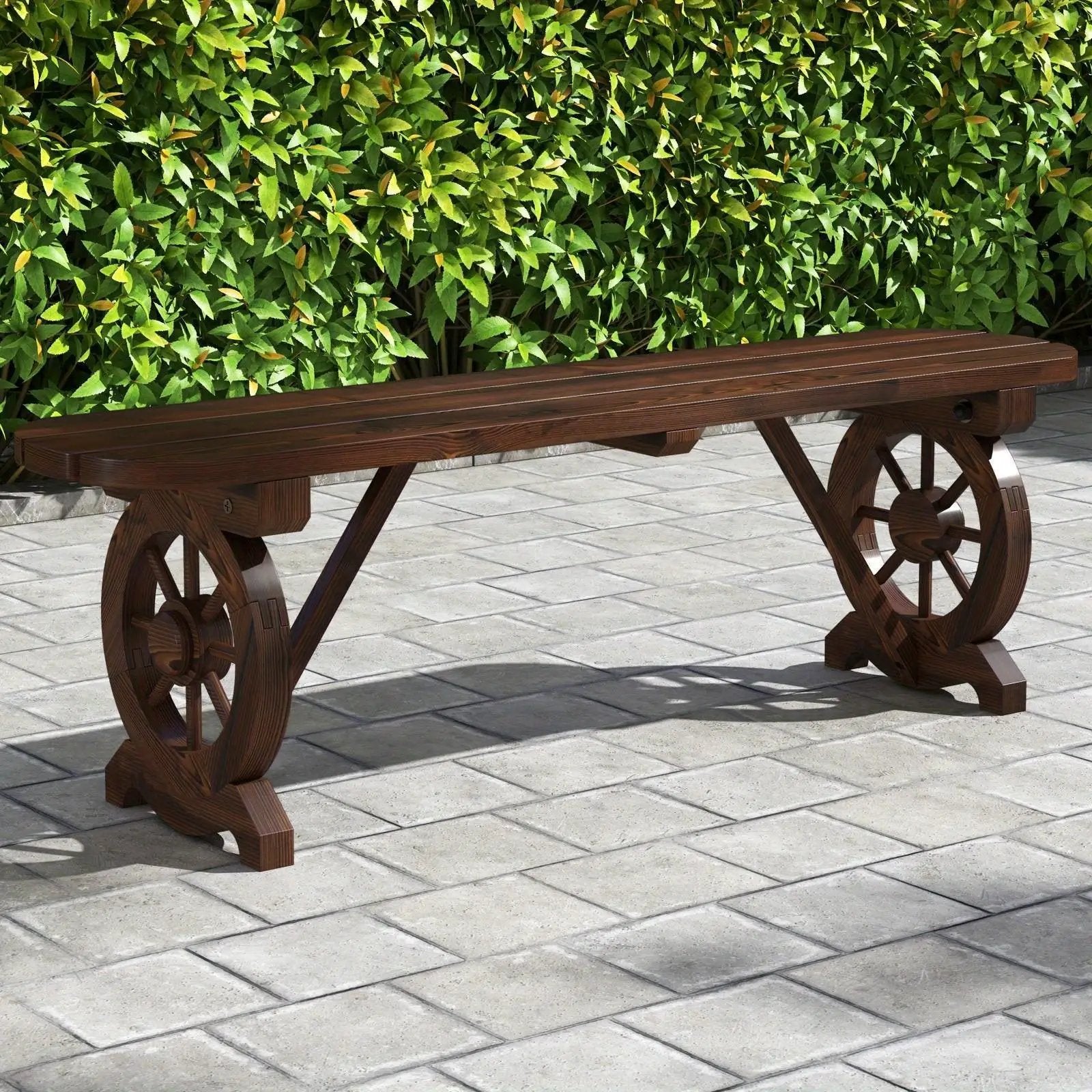 Carbonized Fir Wood Wagon Wheel Garden Bench by House Of Avana