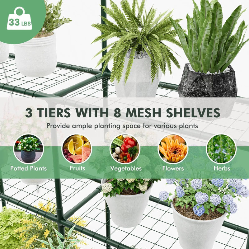 Walk-in Greenhouse with 3 Tiers 8 Shelves PVC Cover Roll-up Zippered Door by DirectDeals
