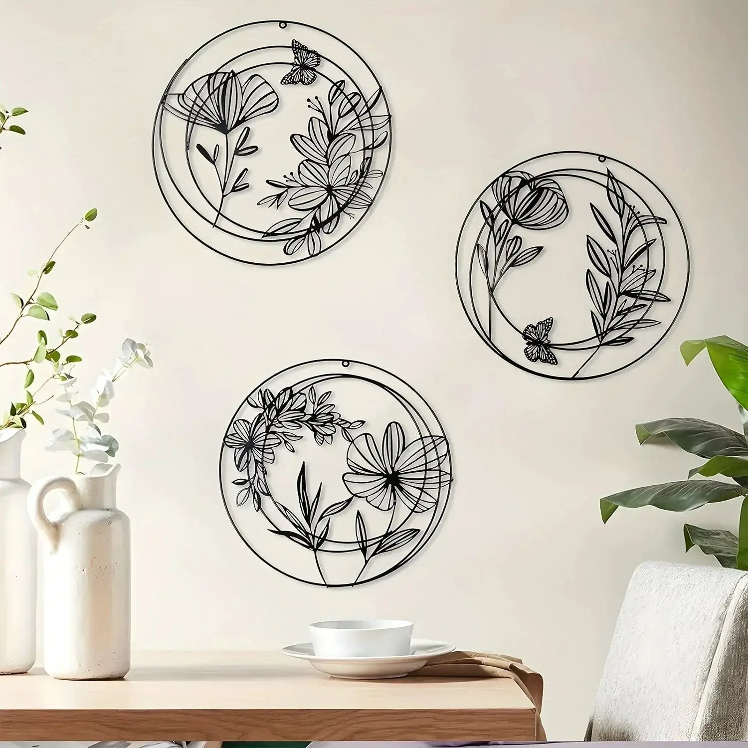 Round Floral Metal Wall Art Set – Minimalist Botanical Wall Decor (Set of 3) by House Of Avana