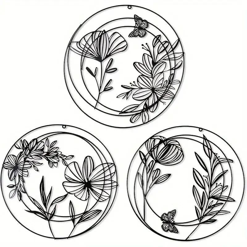 Round Floral Metal Wall Art Set – Minimalist Botanical Wall Decor (Set of 3) by House Of Avana