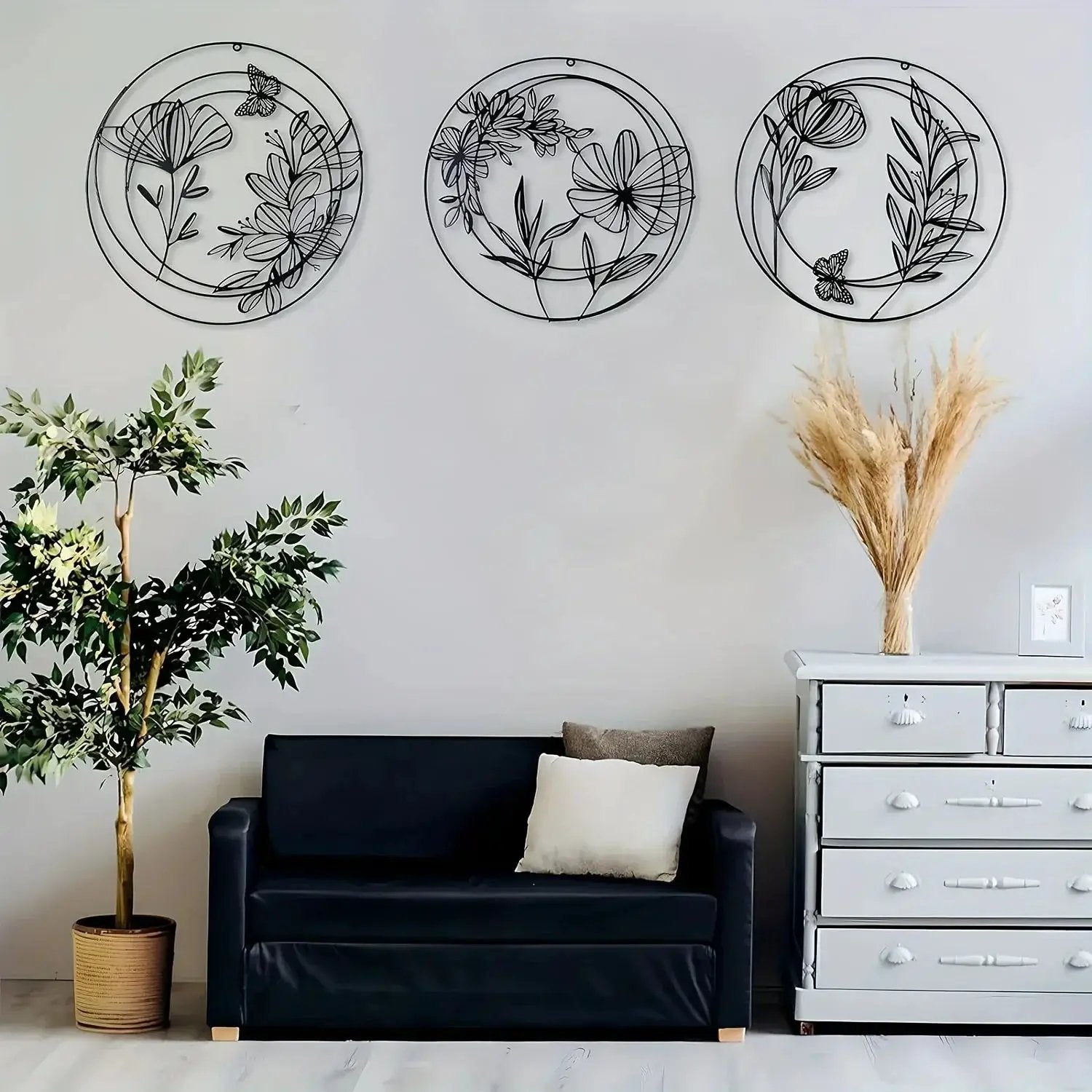 Round Floral Metal Wall Art Set – Minimalist Botanical Wall Decor (Set of 3) by House Of Avana