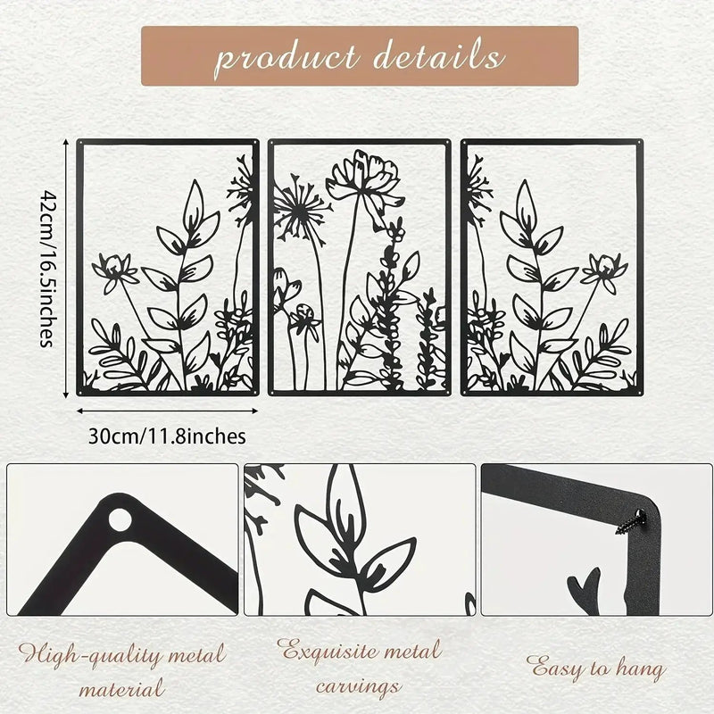 Minimalist Floral Metal Wall Art – 3 Panel Botanical Wall Decor by House Of Avana