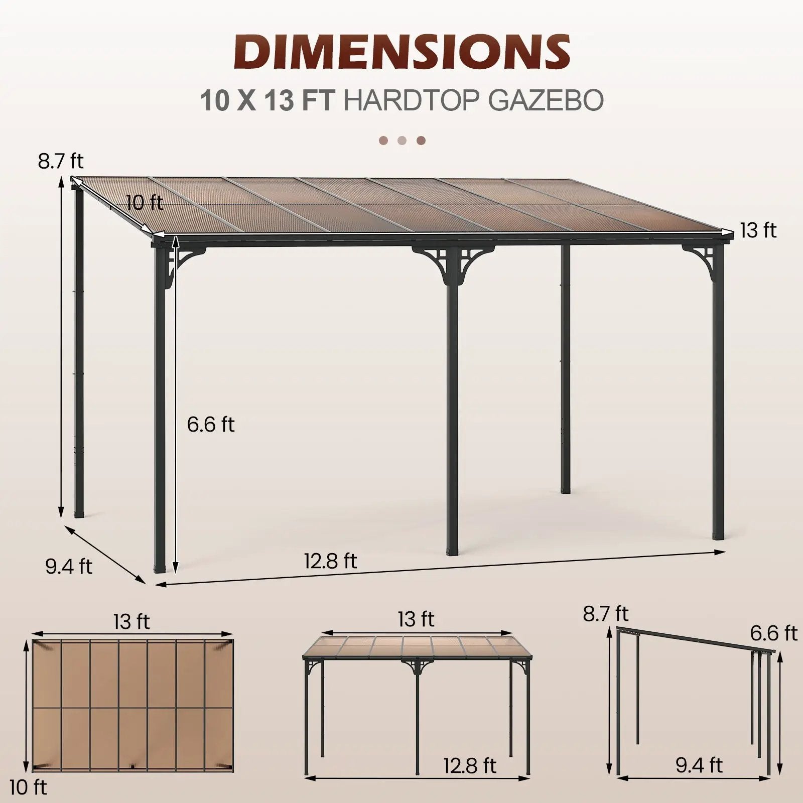 Wall-Mounted Patio Gazebo Large Outdoor Hardtop Pergola with Sloped Polycarbonate Roof-Black by DirectDeals