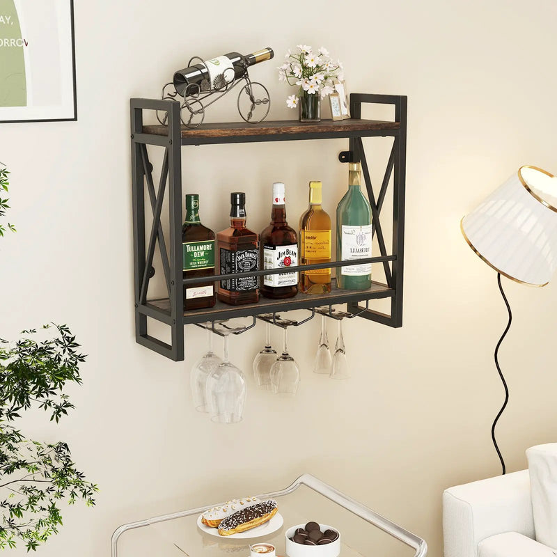 Wall Mounted Wine Rack with 2-Tier Shelves and 3 Glass Holders by DirectDeals