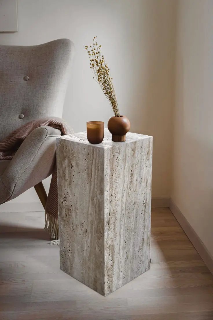 Walnut Travertine Vein-cut Cube End/Side Table - Polished 10x24 by GobekDesign