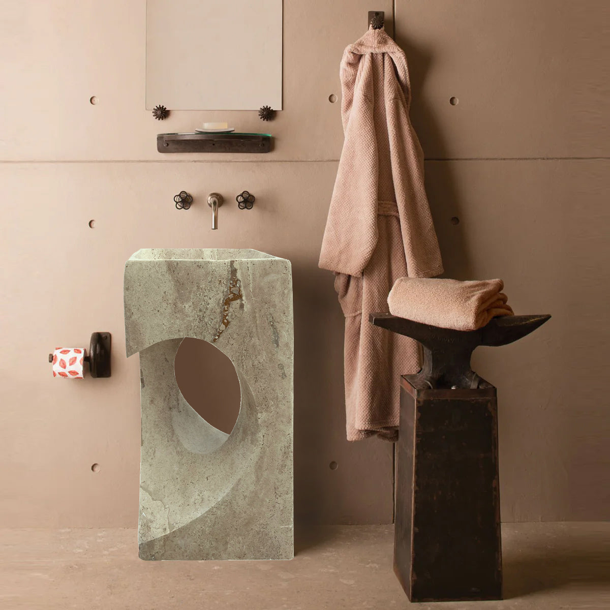Walnut Travertine Designer Pedestal Stand-Alone Hearth Shape Sink (W)18" (L)18" (H)33" by GobekDesign