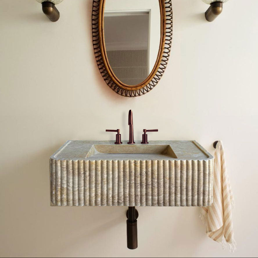 Walnut Travertine Rectangular Wall-mount Bathroom Sink Fluted (W)16" (L)32" (H)10" by GobekDesign