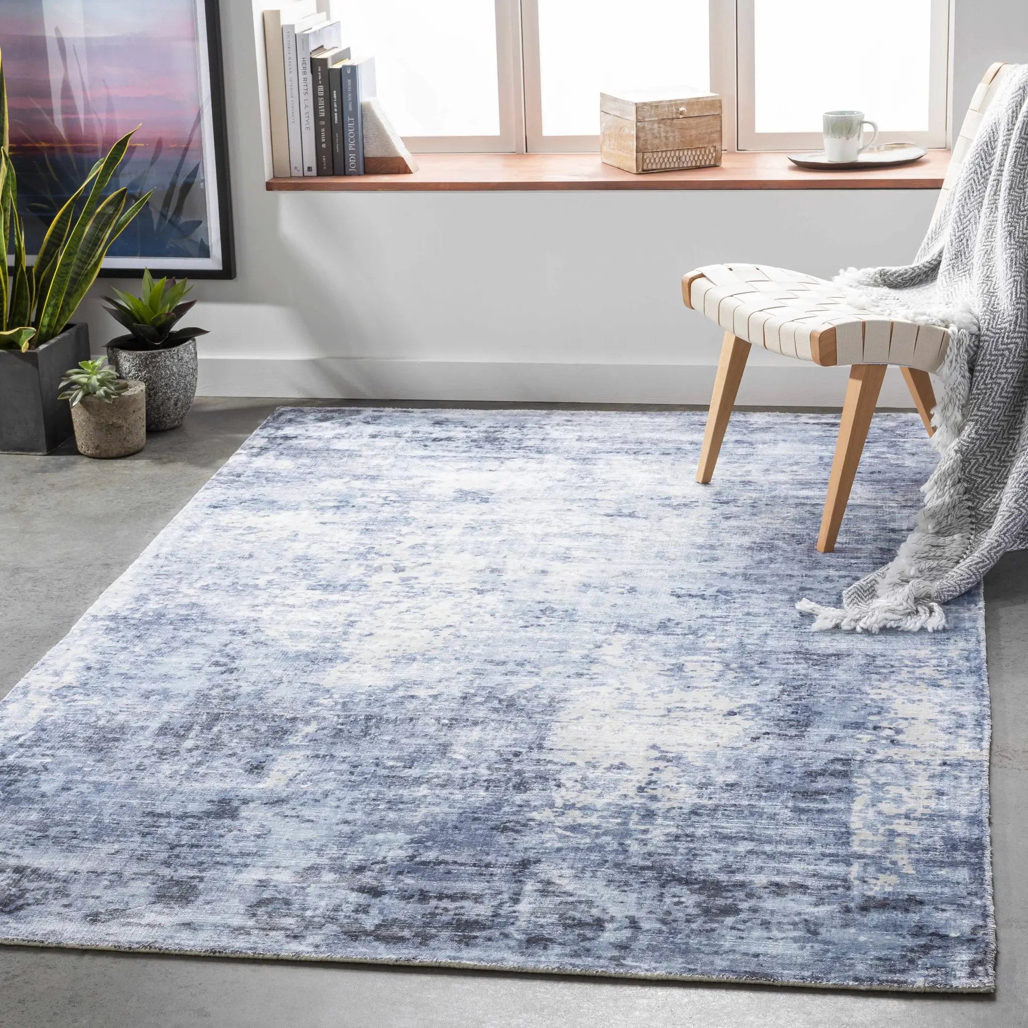 Wardle Abstract Blue/White Viscose Rug - Clearance by Boutique Rugs