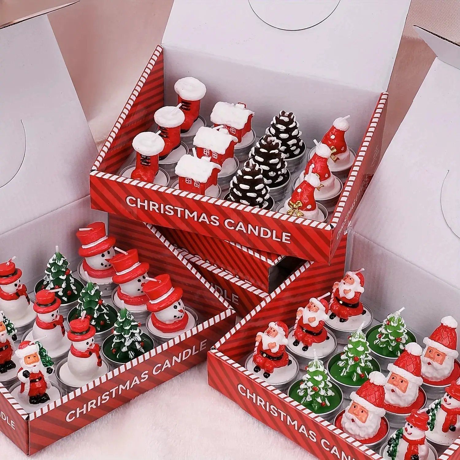 Wax Christmas Candles with Santa and Snowman Designs in Red and White by House Of Avana
