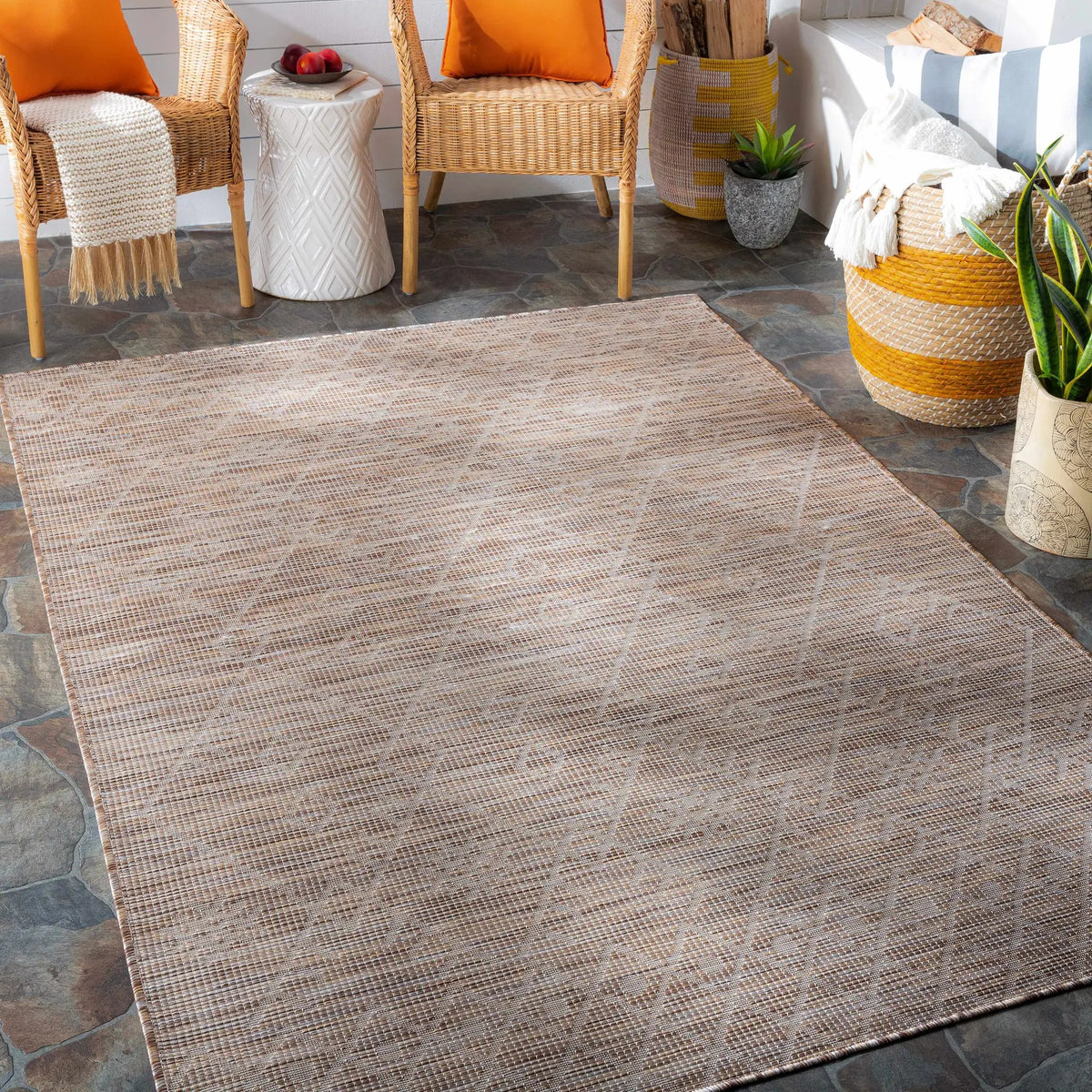 Lorena Beige Flatweave Trellis Outdoor Rug - Clearance, installed in a room