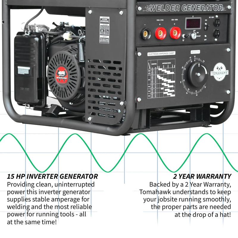210 Amp Engine Driven Welder Generator 2000 Watt 15 HP Gas Powered by Tomahawk Power