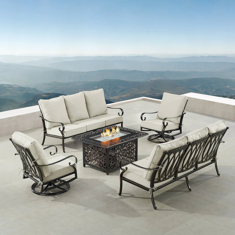 Black Aluminum Fire Table Set with Two Sofas and Two Club Chairs by Sharicks