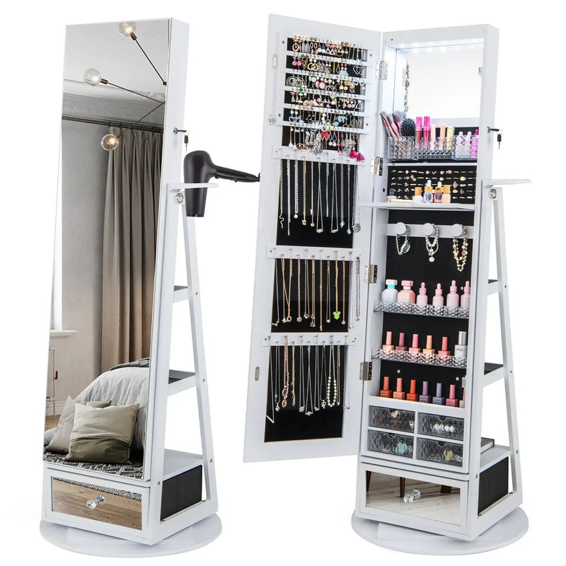 Lockable 360° Swivel Jewelry Cabinet with Full-Length Mirror LED Lights by DirectDeals