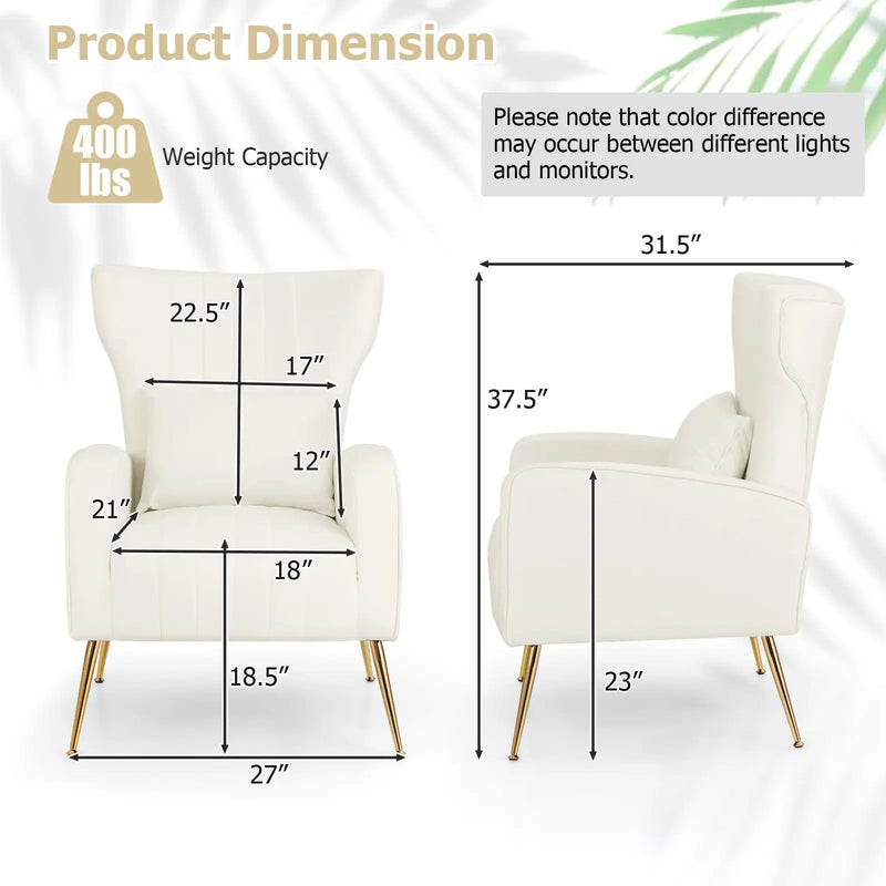 Velvet Upholstered Wingback Chair with Lumbar Pillow and Golden Metal Legs by DirectDeals