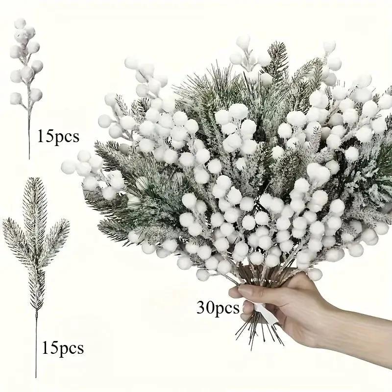 White Artificial Berry and Cedar Christmas Decor, 30pcs Winter Branches by House Of Avana