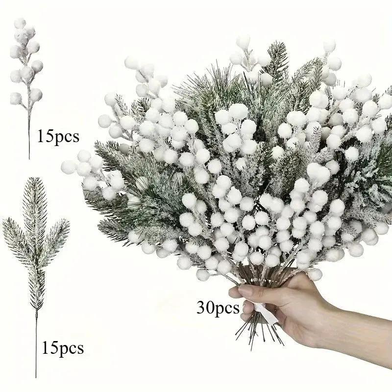 White Artificial Berry and Cedar Christmas Decor, 30pcs Winter Branches by House Of Avana