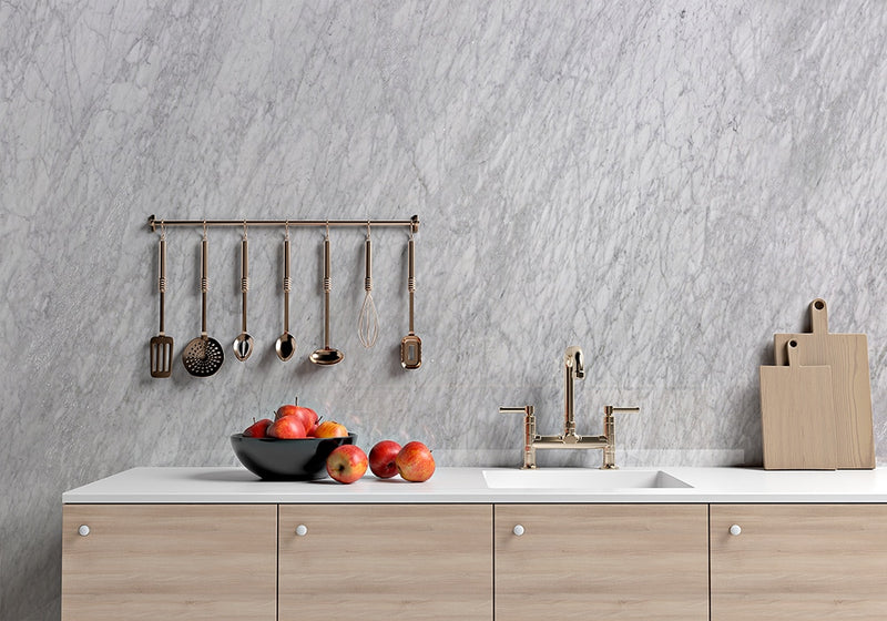 White Carrara Honed Marble Slab Random room scene 2