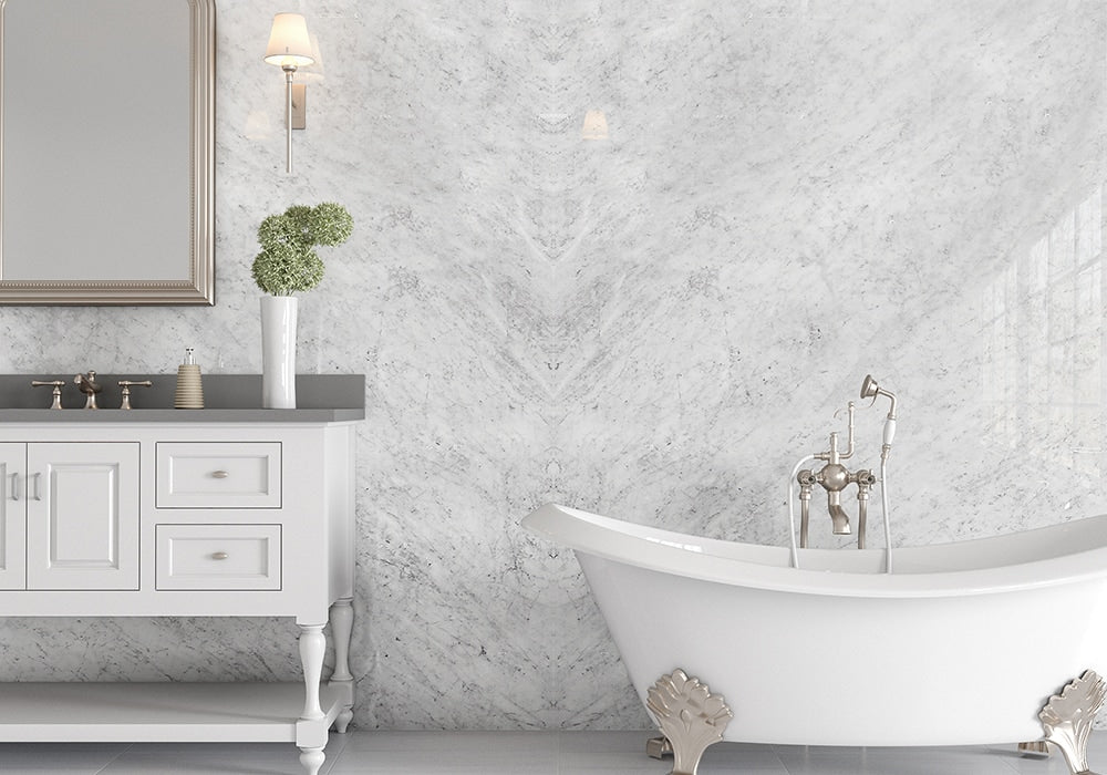 White Carrara Polished Marble Slab Random 1 1/4 room scene