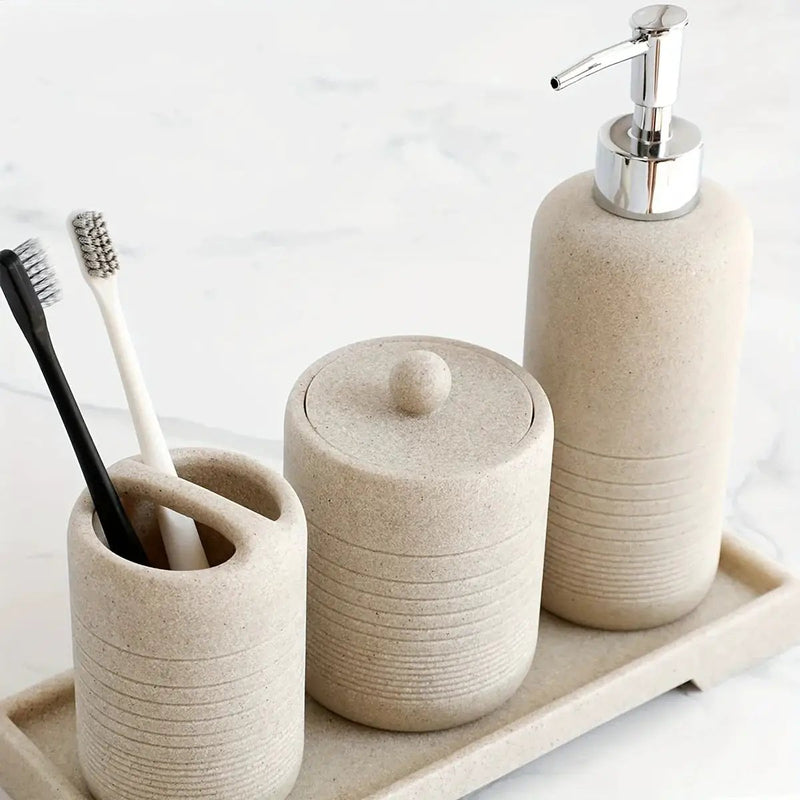 White Crystal Sandstone Beige Gray Sandstone Featured Bathroom Four-Piece Set Lotion Bottle Toothbrush Holder Swab Box Tray by House Of Avana