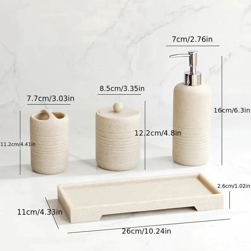 White Crystal Sandstone Beige Gray Sandstone Featured Bathroom Four-Piece Set Lotion Bottle Toothbrush Holder Swab Box Tray by House Of Avana