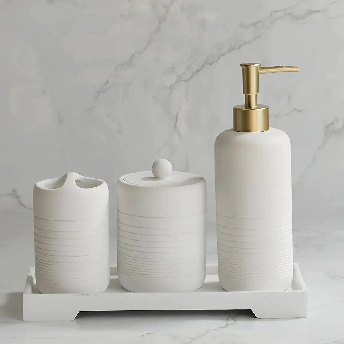 White Crystal Sandstone Beige Gray Sandstone Featured Bathroom Four-Piece Set Lotion Bottle Toothbrush Holder Swab Box Tray by House Of Avana