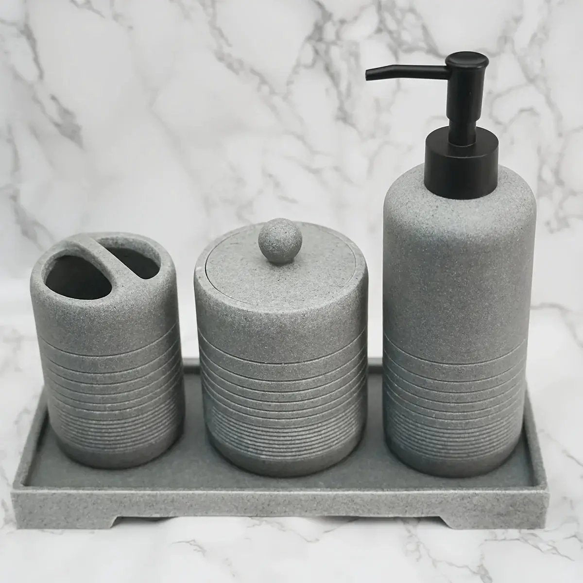 White Crystal Sandstone Beige Gray Sandstone Featured Bathroom Four-Piece Set Lotion Bottle Toothbrush Holder Swab Box Tray by House Of Avana