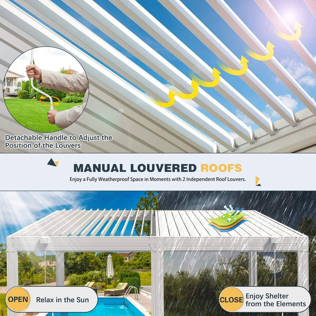 Alora Louvered Aluminum Pergola With Adjustable Roof And Pull-Down Screens (SAK46817) by SAKSBY WHOLESALE