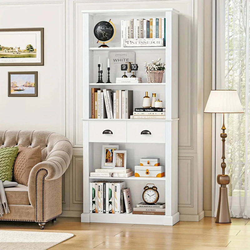 White Wooden 5-Tier Bookshelf with 2 Drawers and Adjustable Shelves by House Of Avana