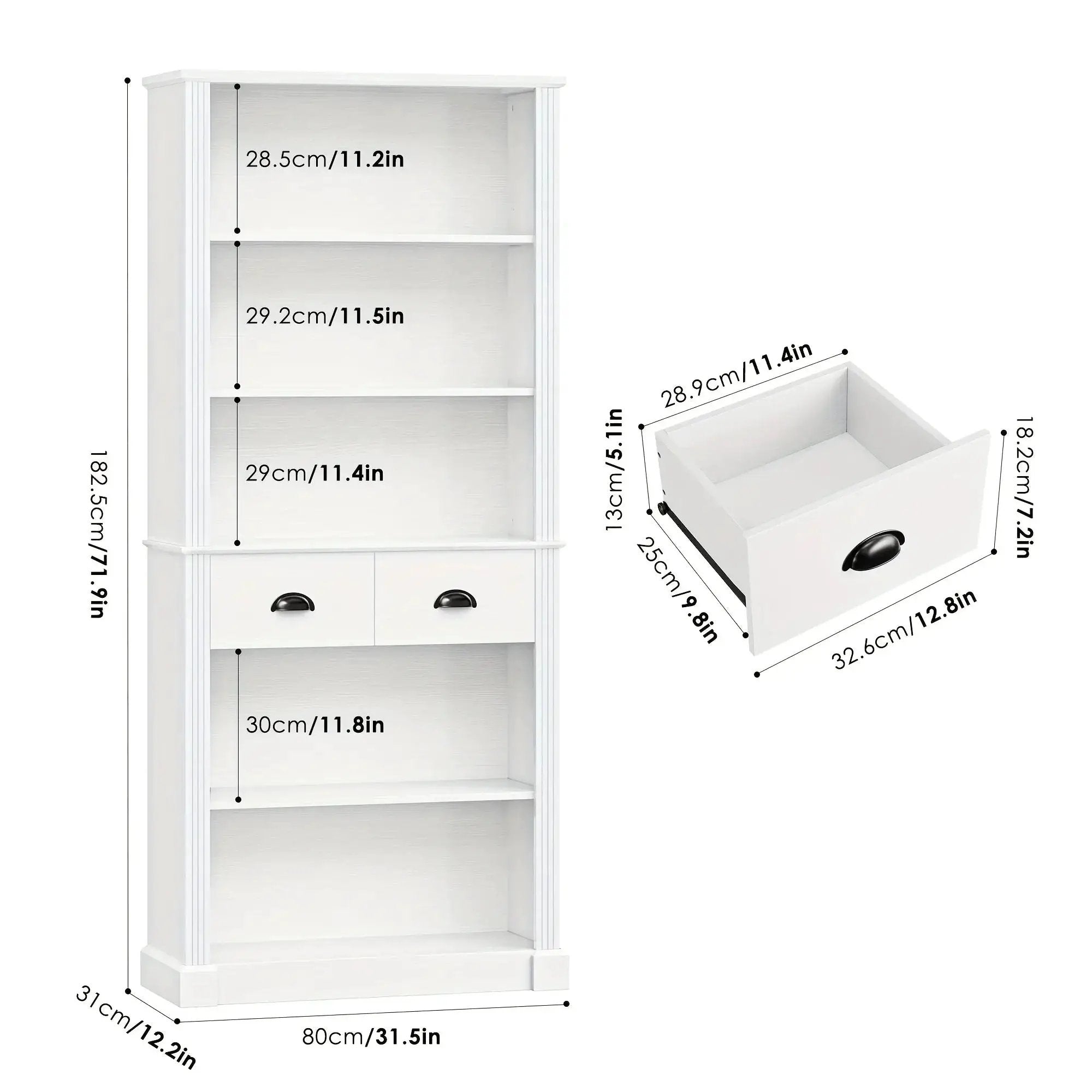 White Wooden 5-Tier Bookshelf with 2 Drawers and Adjustable Shelves by House Of Avana