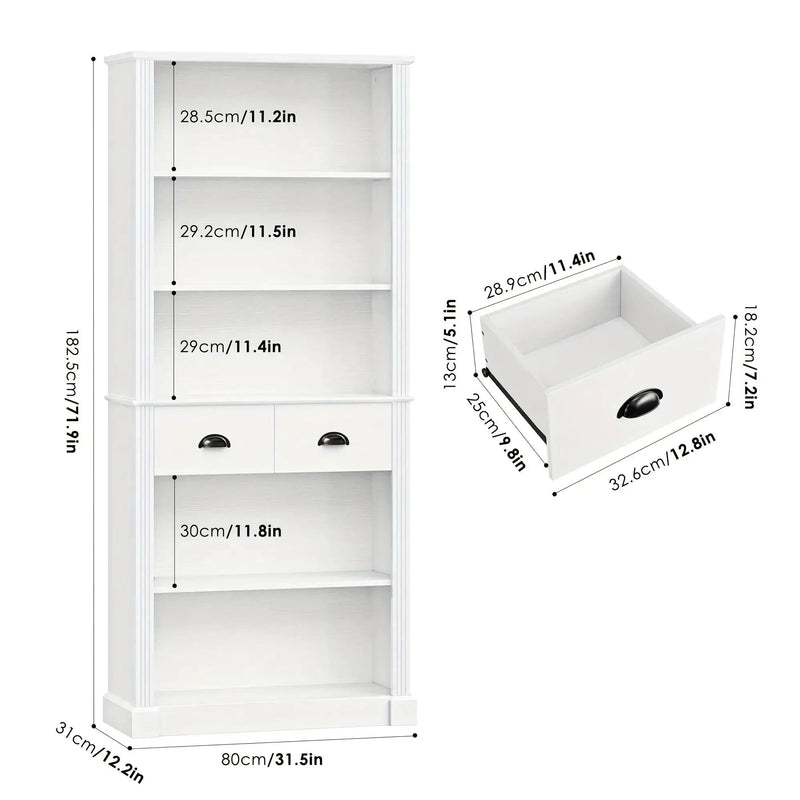 White Wooden 5-Tier Bookshelf with 2 Drawers and Adjustable Shelves by House Of Avana